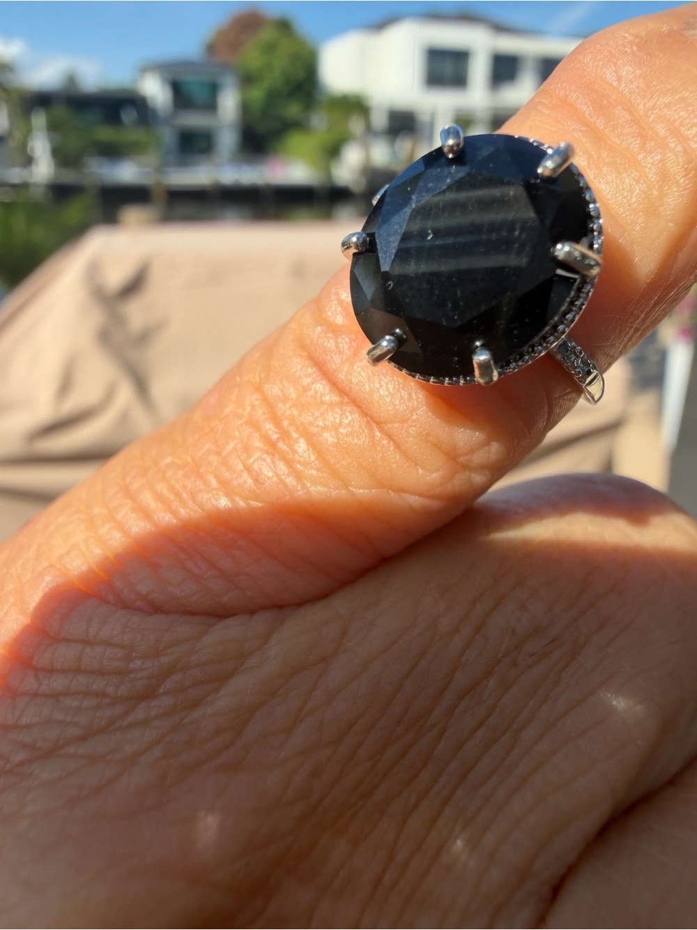 Black Faceted Sapphire Stone Cocktail Ring - Women Jewelry